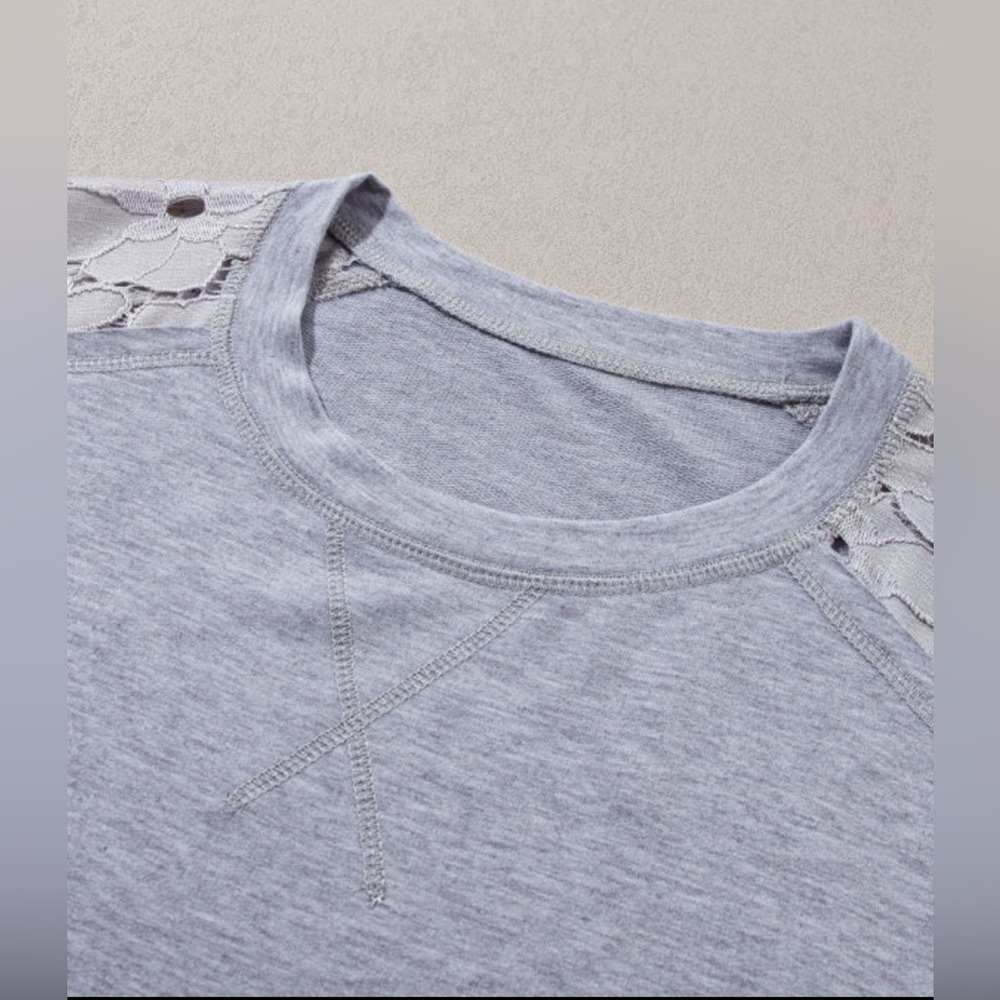 Light Gray Lace Floral Patchwork Ruffled T-Shirt Dress - Picture 9 of 9